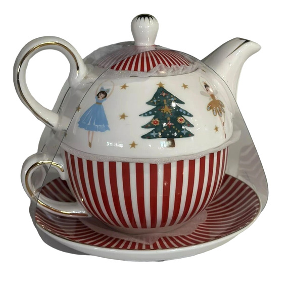 Grace Teaware Christmas NUTCRACKER Teapot Tea For One Holiday Red White Striped - Picture 1 of 5